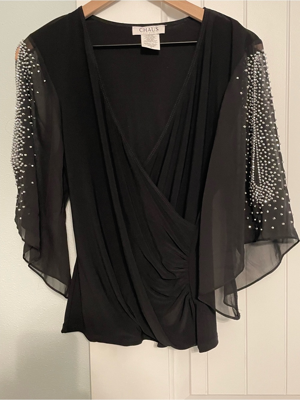 Chaus Black rhinestone Sheer-Sleeve Wrap Blouse